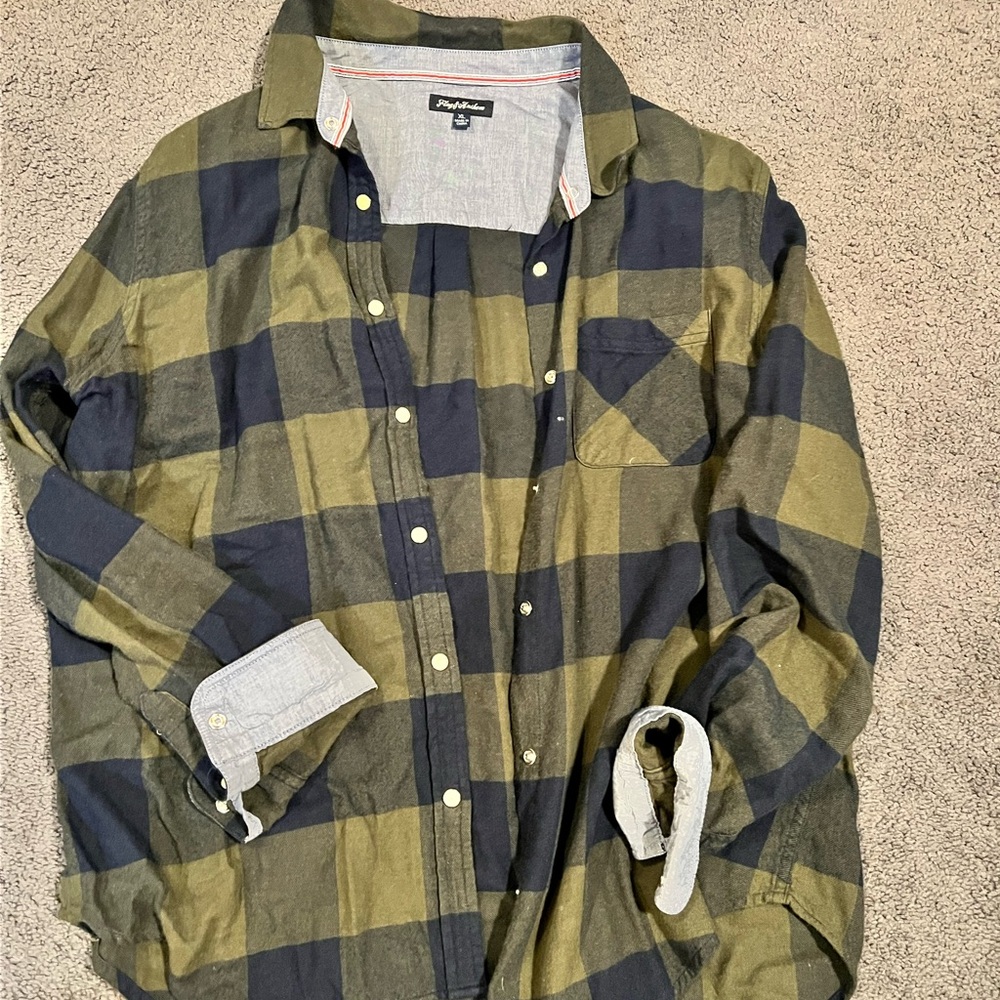 Plaid Olive and Navy Button-Down Shirt